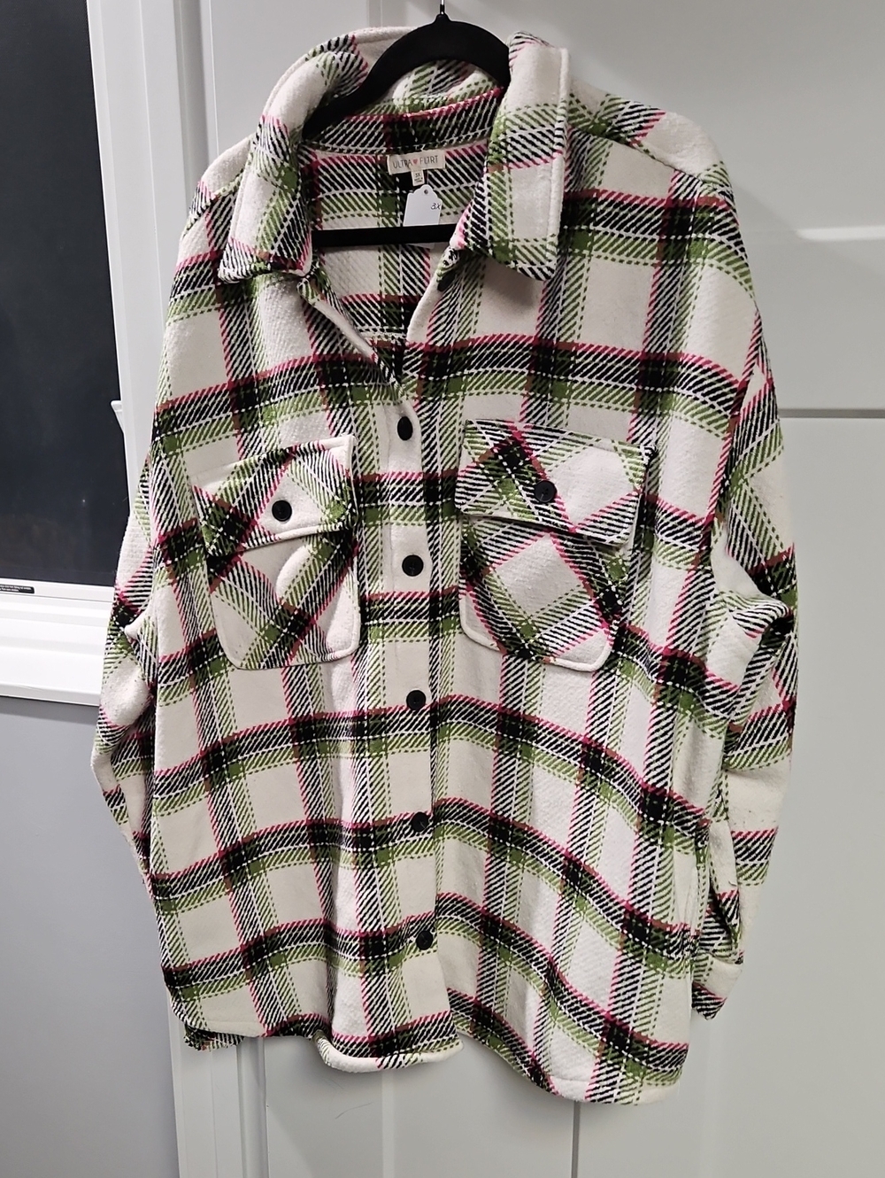 Ultra Flirt Cream Plaid Button-Down with Green & Pink Accents